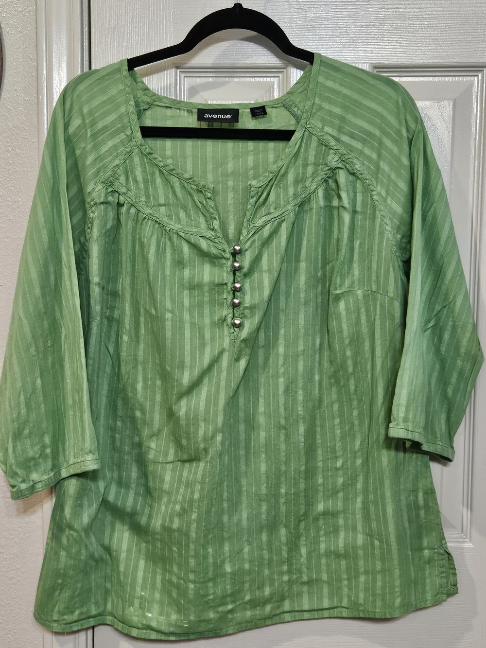 Avenue Light Green Striped Peasant Top